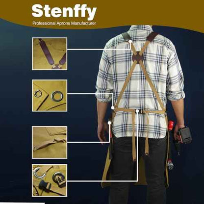 Woodworking Apron, Tool Apron, Canvas, Multiple Pockets, Adjustable Zipper, Metal Ring, Tape Measure Clip, Plus Size, Khaki.