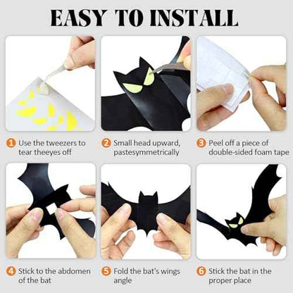 132 Pcs Halloween Bats Wall Decor With Glow in The Dark Eyes - Large 3D Bat Stickers and Decals for Indoor Party Decorations - PVC Black Bats