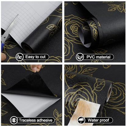 Amiya Black and Gold Floral Wallpaper Peel and Stick Wallpaper Line Boho Retro Renovation of Bedrooms,Cabinets,Etc Contact Paper 17.3" X 120" PVC Removable Wall Paper