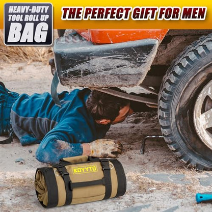 Premium Tool Roll up Bag - Heavy Duty Small Tool Bag Organizer and Storage with W/Detachable Pouches,Waterproof Oxford Cloth,Suitable for Motorcycle,Truck,Electrician,Mechanics etc,Brown