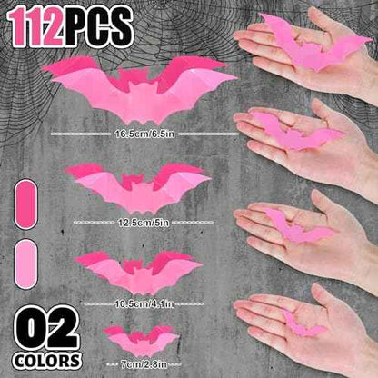 Whaline 112Pcs Halloween Wall Decoration 3D Bats with Foam Adhesive Pink and Rose Red Waterproof Spooky Bats Stickers Hocus Pocus Party Supplies for Halloween Home Wall Window Door Decor, 4 Sizes