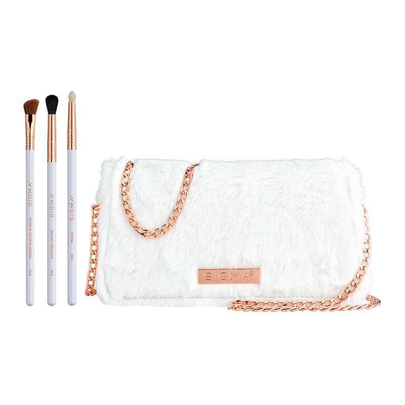 Sigma Beauty Glam ‘N Glow Mini Eye Makeup Brush Set – Set of 3 Eye Makeup Brushes for Blending, Shading, Lining, and Smudging, Includes Stylish Black Small Makeup Bag (4 Pcs)