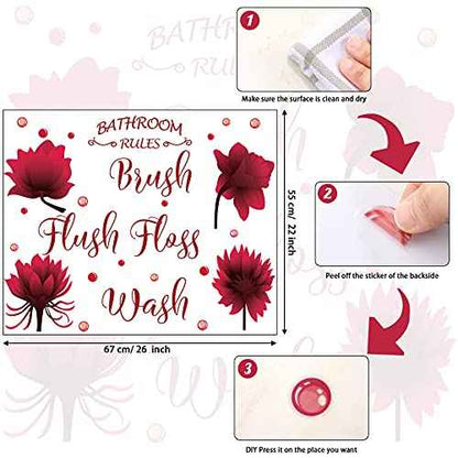 Set of Bathroom Wall Decals Stickers Wash Brush Flush Floss Bathroom Rules Wall Decor Sticker Waterproof Flower Sign Decals for Kitchen Home DIY Decorations