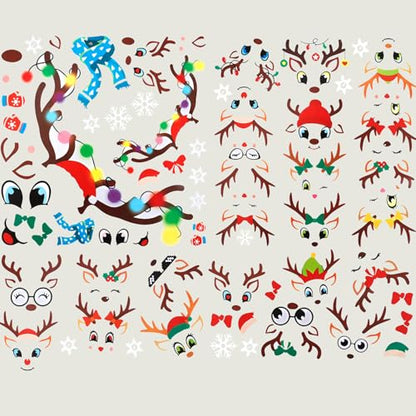 Christmas Reindeer Face Stickers for Crafts, 52 Pcs Christmas Vinyl Reindeer Face Decals for Wall Window Cling DIY Art Door Refrigerator Ornaments Glass Cup Water Bottles Christmas's Party Decorations