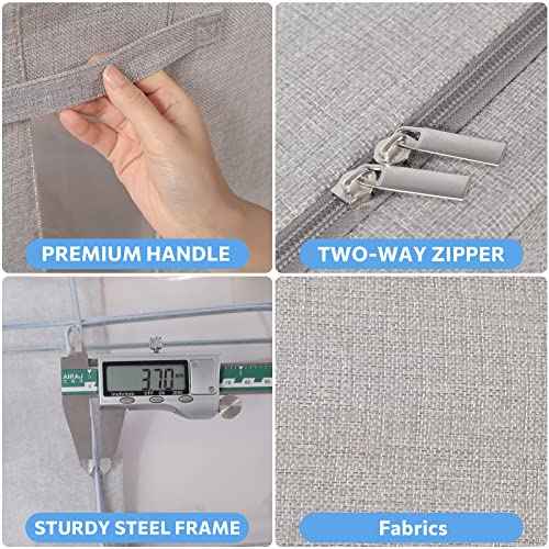 CYhom Clothes Storage Bins Box - Linen Fabric Foldable Stackable Container Organizer Set with Clear Window & Carry Handles & Metal Frame (Light Grey, Medium-36L)