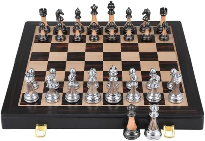 Luxury Large Metal &amp Acrylic Chess Set with Wooden Chess Board (17”) – Weighted Chess Pieces with 3.5” King Foldable Tournament Chess Set for Adults &amp Kids Professional Chess Game Set