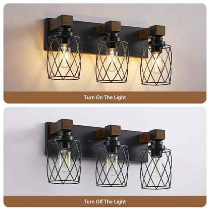 Farmhouse Bathroom Vanity Light, 3-Light Wood Bathroom Light Fixtures Over Mirror, Black Industrial Vanity Lights with Metal Shade, Rustic Bathrooms Lighting for Living Room, Bedroom, Hallway