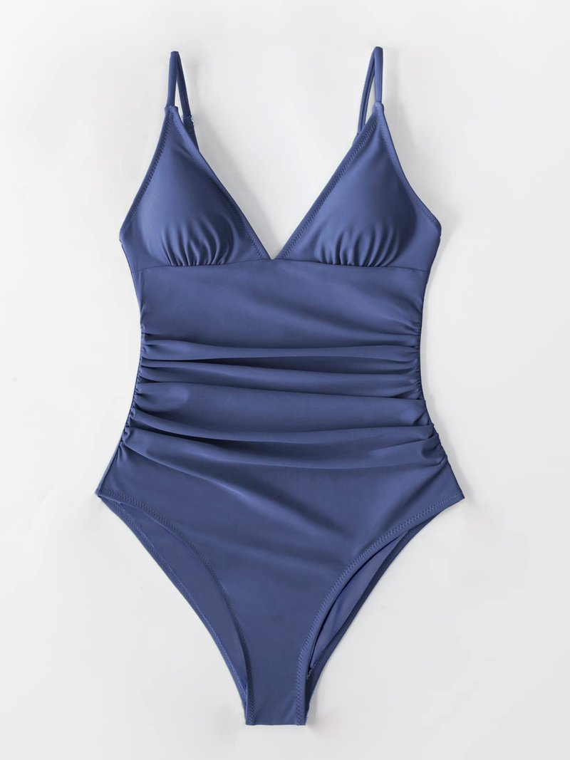 CUPSHE Women's One Piece Swimsuit Tummy Control V Neck Two Piece Bathing Suits, L Dark Slate Blue