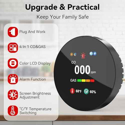 Combination Gas & Carbon Monoxide Detector Plug in, 4-in-1 Natural Gas Leak & Carbon Monoxide Alarm, Dual Sensor CO Detector & Gas Detector, with Temperature(¡ÆF) & Humidity for Home, RV