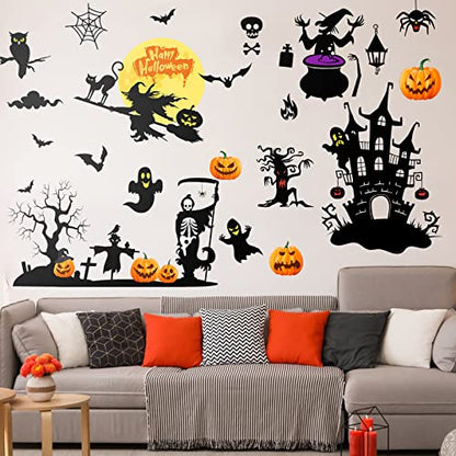 6 Sheets Halloween Wall Decals Black Bats Witch Ghost Ancient Castle Pumpkin Wall Stickers Decor Removable DIY Home Art for Halloween Party Supplies
