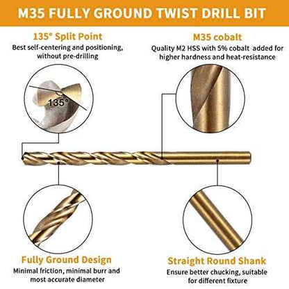 5/32 Inch Cobalt Drill Bit Set, M35 Jobber Length Twist Drill Bits,Suitable for Drilling in Hard Metal, Stainless Steel, Cast Iron,10 Pieces