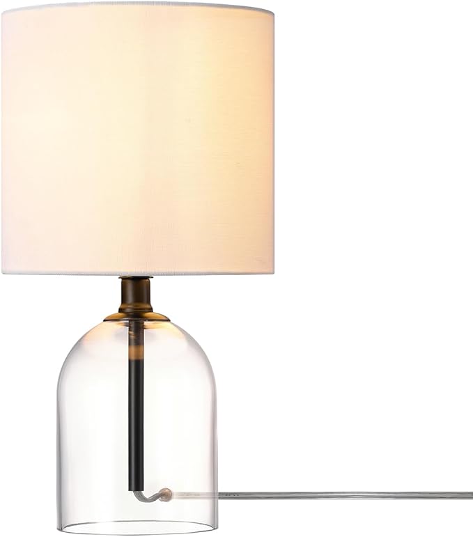 GLOBE Electric 61000141 15" Table Lamp, Glass Base, Matte Black Finish, White Linen Shade, Rotary Switch on Socket, 5-Foot Clear Cord, Bedroom, Home Décor, Nightstand