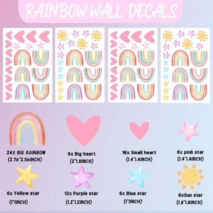 Rainbow 72pcs Wallpaper Wall Decals, Hearts, Suns, Stars, Watercolor Art for Girls, Nursery, Bedroom, Living Room, Toddler, Party Decals