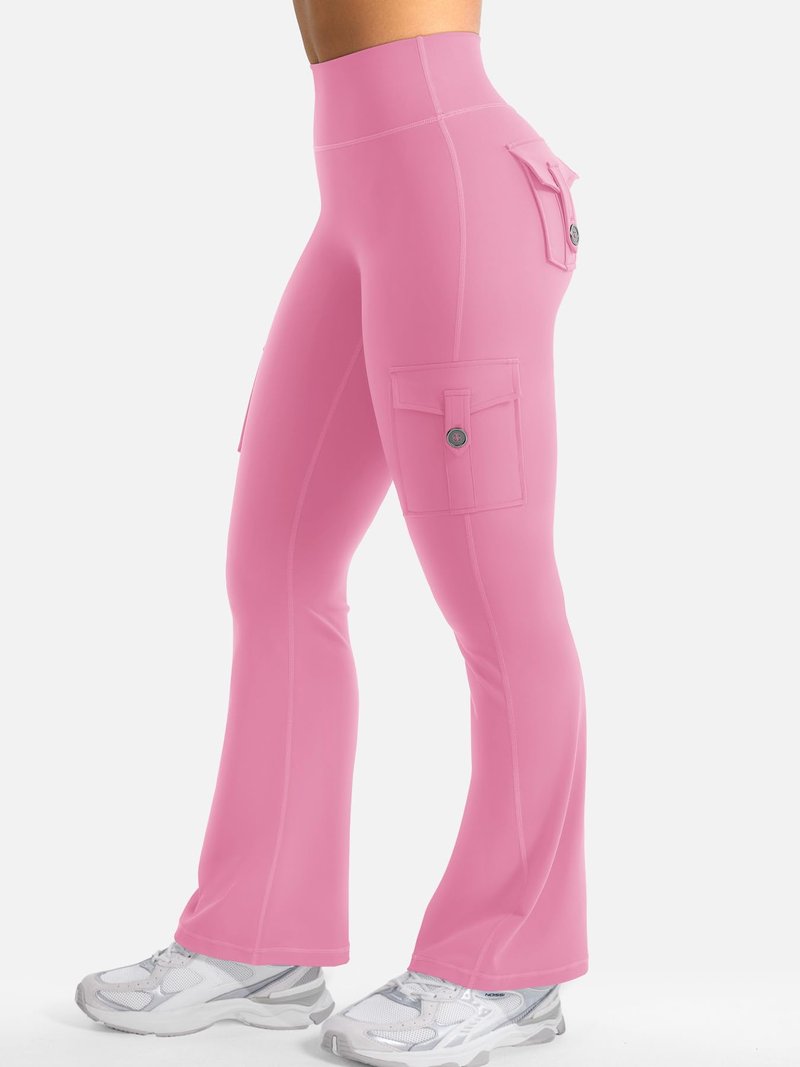 YEOREO CoreFlex Women Workout Flare Leggings with Pockets Scrunch Cargo Gym Yoga Leggings Pink M