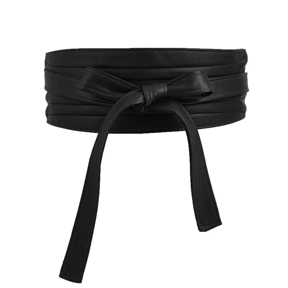 Fuimsul Women Elegant Pu Leather Obi Belt Fashion Solid Color Faux Leather Wide Waistband Tie Knotted Belt for Dress (Black)