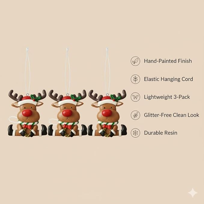 Set of 3 Cute Reindeer Hanging Christmas Tree Ornaments - Hand-Painted Resin Holiday Home Decor & Gift - Durable, Lightweight Xmas Decoration for Family, Friends, Teachers (Deer)