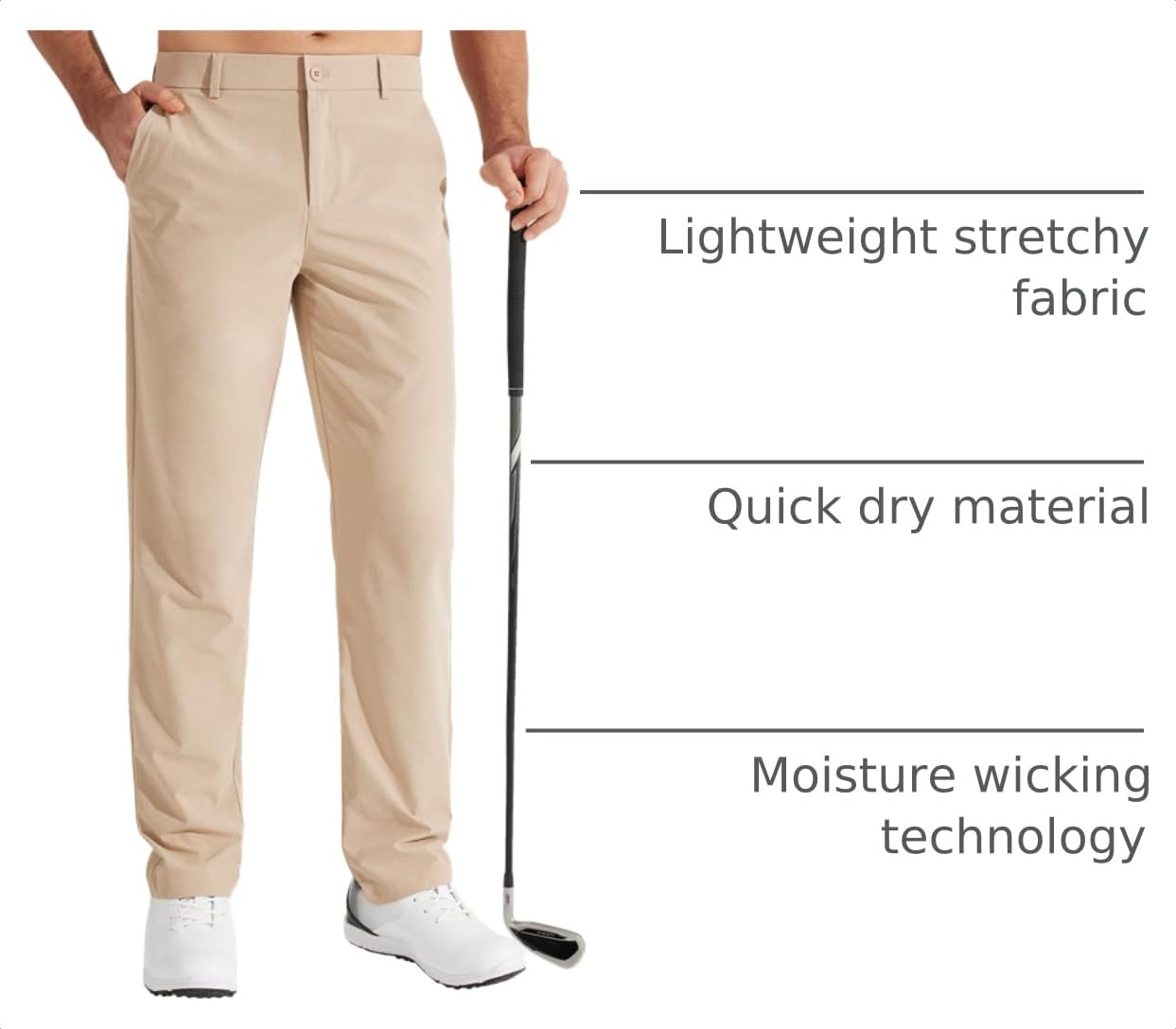 Libin Men's All Day Comfy Golf Pants Work Dress Pants 34" Quick Dry Lightweight Business Casual Trousers for Men with Pockets, Khaki, 35W x 34L