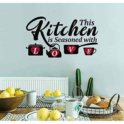 Kitchen Funny Quotes Wall Decals, This Kitchen is Seasoned with Love Family Love Words Red Hart Wall Decor for Dining Room Kitchenware Decoration Vinyl Wall Sticker for Restaurant Cafe