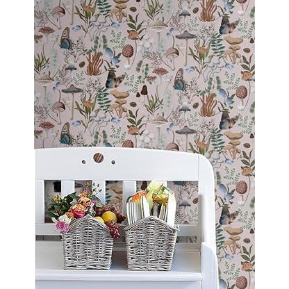 EeeComing Mushroom Peel and Stick Wallpaper Pink Mushroom Wall Paper Fairytale Forest 78.7''x16.14'' Removable Wallpaper Room Bookcase Bathroom Self Adhesive Vinyl