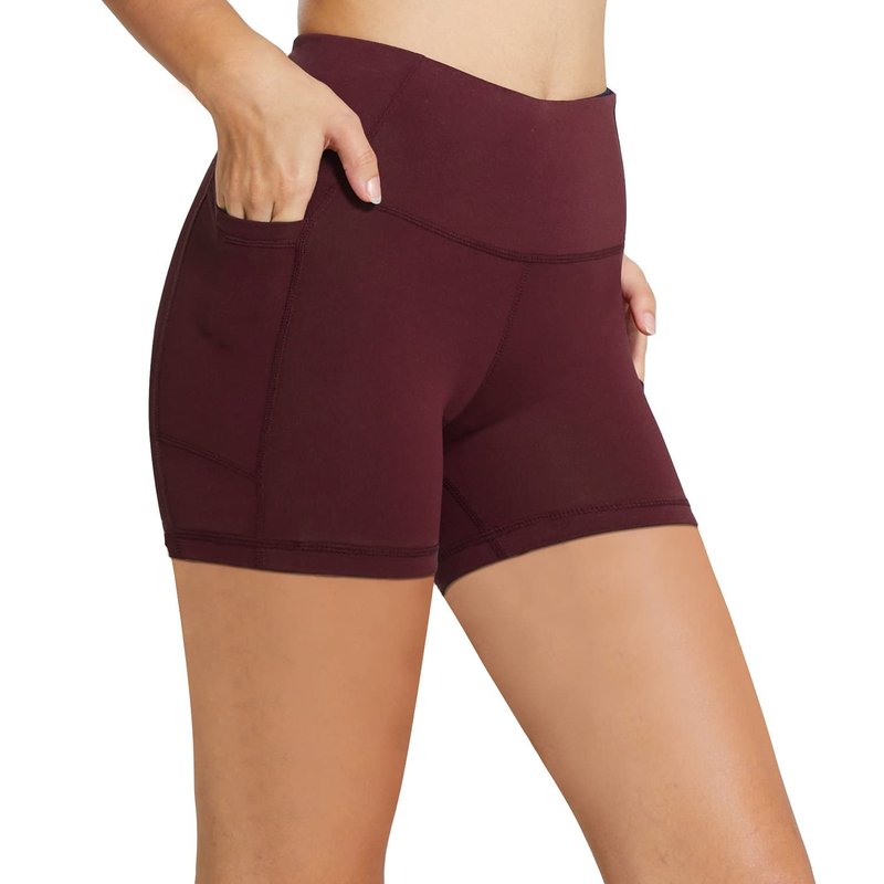 baleaf Workout Shorts Women 5" Biker Yoga Gym Spandex Running Volleyball Compression Tummy Control Short with Pockets Wine Red XXXL