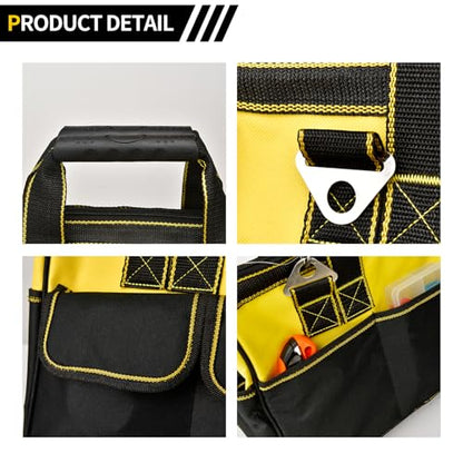 Heavy Duty Tool Bag 16-Inch, 16-Pocket Portable Tool Bag Organizer with Adjustable Shoulder Strap,Soft Handle Large Zipper Carrying Tool bags with Wide Mouth and Waterproof Strong Molded Base