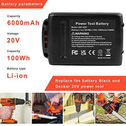 ARyee LB2X4020 6.0Ah 20V Lithium Battery for Black and Decker 20Volt Max LBXR20 LB20 LBX20 LBXR2020 LBX4020 LB2X4020-OPE LBXR20-OPE LBX4020 LST220 Cordless Power Drill Tools (2pcs 20V 6Ah Battery)