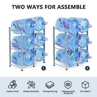 Nandae Water Cooler Jug Rack, 3-Tier Heavy Duty Water Bottle Holder Storage Rack 5 Gallon Water Jug Holder for 6 Bottle, Sliver