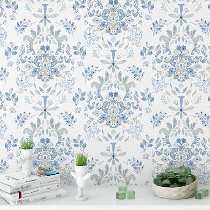 Wallpaper Peel and Stick Wallpaper for Home Decoration Kitchen Blue Wild Flower Removable Vinyl Self Adhesive Shelf Paper & Drawer Liner Roll House, Workshop & Office 17.3" x 118" TH8098-3
