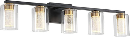 5-Light Black Bathroom Light Fixture, Dimmable 5CCT Black and Gold Bathroom Vanity Lights, 2700K-6500K Modern Crystal Bubble LED Wall Sconce Over Mirror with Clear Glass