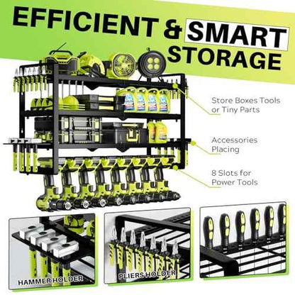 Large Power Tool Organizer Wall Mount, Garage Storage Cordless Tool Organizer with Screwdriver Holder, Heavy Duty Metal Storage Rack with 8 Drill Holder 4 Layer darkblack (darkblack)