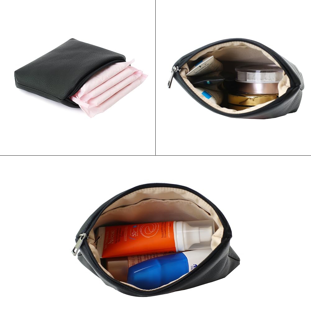 BBORGDC Small Cosmetic Bag Set of 3 for Purse, Black PVC Leather Cosmetic Pouches, 3 Sizes Zipper Organizer for Travel & Toiletries, Daily Bag Organizer, Gift for Women