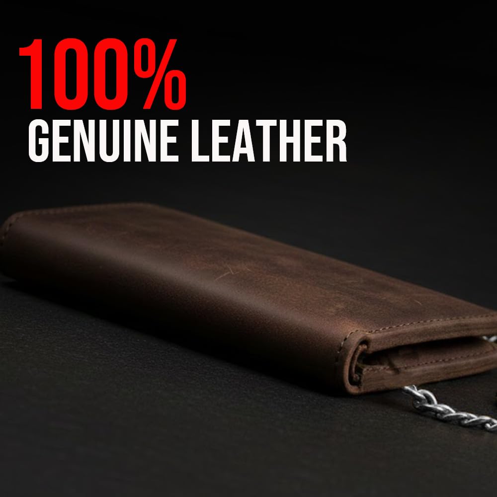 Motorcycle Chain Wallet for Men – Premium Cowhide Leather, RFID Tri-Fold Biker Wallet with Heavy Duty Chain for Bikers Truckers & Hunters, Credit Card Money Organizer Long Wallet Crazy Horse Brown