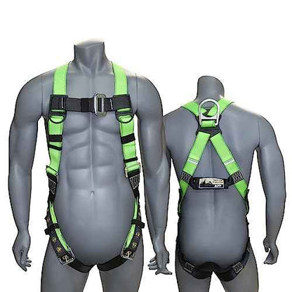 AFP Universal Full-Body Safety Harness w/Dorsal D-Ring Tongue Buckle Legs High-Viz Green, Shock Absorbing Lanyard (OSHA/ANSI)