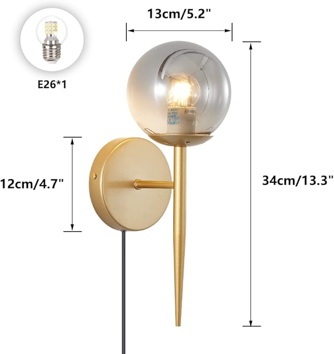 BOKT 2-Light Plug in Wall Sconce with Smoky Gray Glass Shade Modern Globe Wall Sconce Bedside Lamp for Bathroom Bedroom Corridor