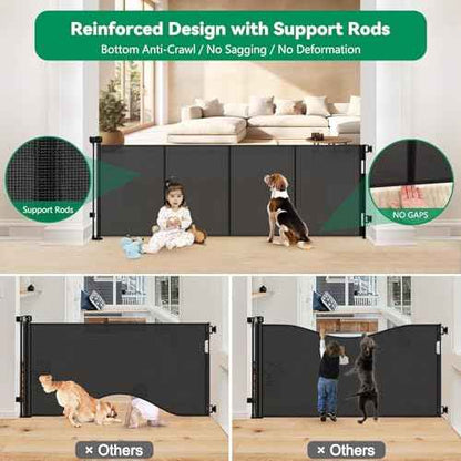 Reinforced 85" Wide Retractable Baby Gates Extra Wide Retractable Dog Gate with Support Rods ? Prevent Crawling Under, Indoor Wide Baby Gate Outdoor Retractable Gate, Puppy Gates for The House, Black