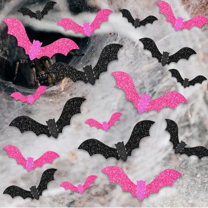 18 Pieces Halloween Bats Wall Decor, 3 Sizes 3D Glitter Pink Black Bats Stickers for Halloween Party Home Kitchen Bedroom Bathroom Decorations