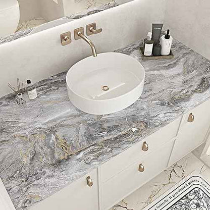 Glossy Grey/Gold Marble Contact Paper Peel and Stick Countertops Gray Peel and Stick Wallpaper for Kitchen Backsplash Faux Marble Wall Paper Self Adhesive Vinyl Granite Wallpapers for Table Cabinets
