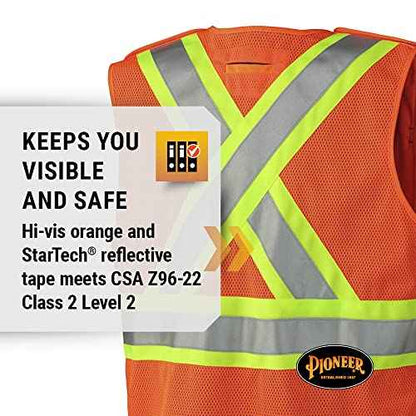 Pioneer Hi Vis Tear-Away Mesh Back Safety Vest for Me - Reflective Tape, 4 Pockets - Construction, Traffic, Security - Orange