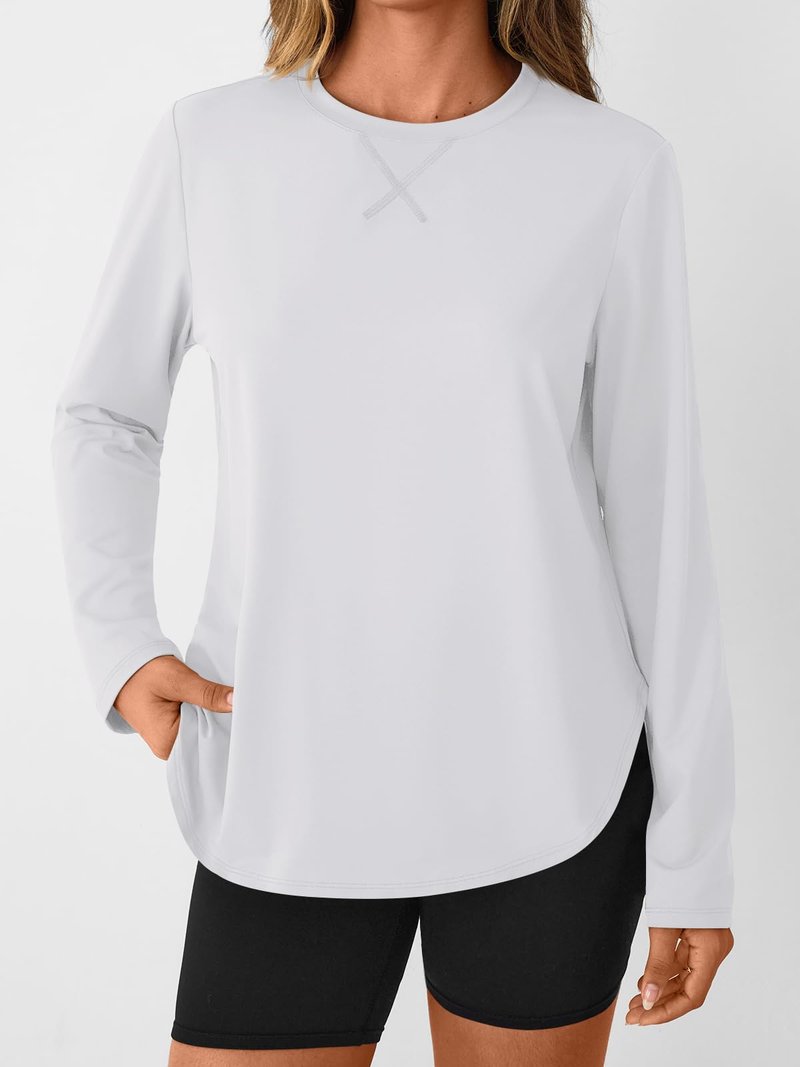 AUTOMET Women's Long Sleeve Workout Tops Running Hiking Sun Shirts Gym UPF 50+ UV Protection Tshirts 2026 Quick Dry Clothes White M