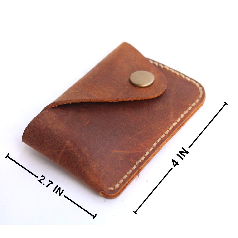 Handmade Genuine Leather Card Holder with Snap Closure - Ultra Slim Minimalist Wallet, Hand-Stitched Compact Front Pocket Card Case for Men & Women (Brown)