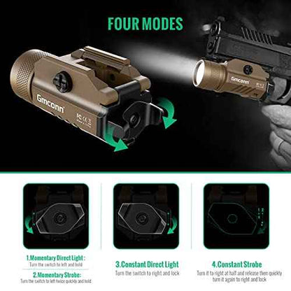 Gmconn 1200 Lumens Rail Mounted Compact Pistol Light LED Strobe Tactical Gun Flashlight Weaponlight for Picatinny MIL-STD-1913 and Glock Pistol Weapon Light with 2 x CR123A Lithium Batteries