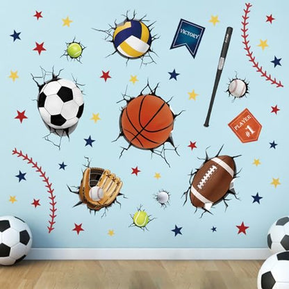 decalmile 3D Sports Balls Wall Decals Basketball Football Soccer Tennis Wall Stickers Boys Bedroom Kids Room Playroom Wall Decor