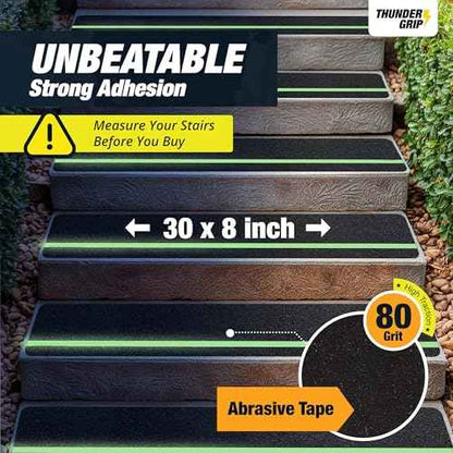 Grip Tape for Stairs 30" x 8" - 15-Pack Glow in the Dark Outdoor Stair Treads Non-Slip Weather Resistant - Anti Slip Tape for Exterior Wooden Steps - Waterproof 80-Grit Adhesive Treads by Thunder Grip