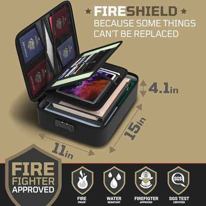 FIRESHIELD PRO 5200¡ÆF Fireproof Document Box with Lock ? Fire Safe Organizer with Laptop, Tablet & Cards Pockets ? Water Resistant, Multi-Pocket Storage for Travel, Home or Office ? 15" x 11" x 4.1"