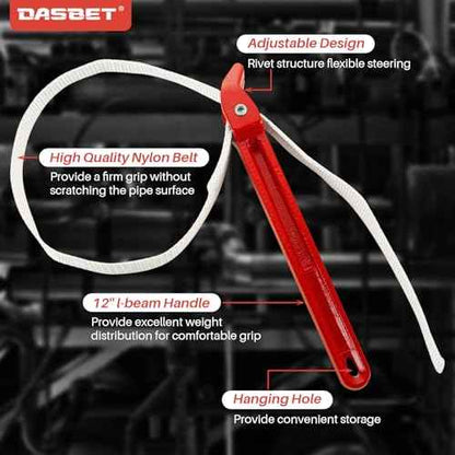 DASBET 12 Inch Strap Wrench Pipe Adjustable Nylon Strap Pipe Wrench Double Layered Oil Filter Strap Wrench Handle Nylon Belt