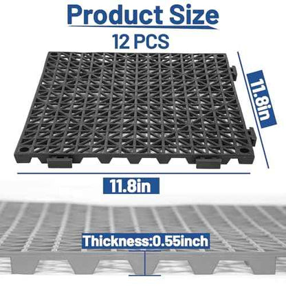 12Pcs Drainage Interlocking Floor Tiles 11.8" x 11.8", Modular Interlocking Cushion Soft PVC Floor Non-Slip Splicing Waterproof Mat for Drain, Pool, Shower, Patio, Balcony, Bathroom, Kitchen, Yard
