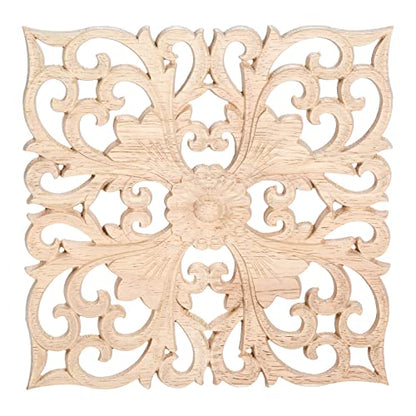 MUXSAM Square Wood Carved Onlays Appliques, Unpainted Ornate Wooden Carvings Center Decals for Closet Door Cabinet Drawer Wall Ceilling Dresser Wardrobe Furniture DIY Decor(2-Pack, 12cm/4.7")