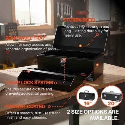 Black Canyon 16 Inch Tool Box, Metal Tool Box, Carbon Steel, Portable&Padlockable, 4 Non-Slip Foot Pads, Ideal for Trailer, Mechanic, DIY-ers, Car Toolbox, Workshops, Garages, Repair Shops
