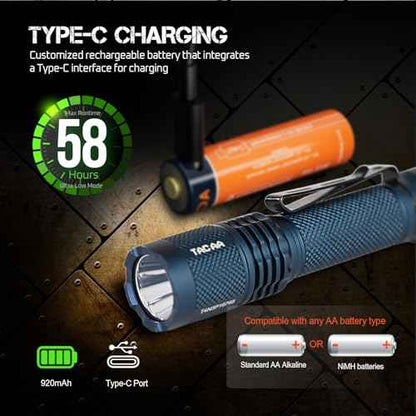 ACEBEAM TAC AA 2.0 Longest-Range AA Flashlight 360 Meters, 900 High Lumens Tactical EDC Flashlight Rechargeable, 6 Modes Pocket LED Super Bright Small Mini Flashlight for Camping, Home(SFT-25R HI)