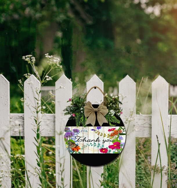 A Garden Thank You Front Door Sign Funny Wreaths Hanging Wooden Plaque Decoration Round Rustic Wood Farmhouse Porch Decor for Home Front Door Decor, 11 x 11 Inch